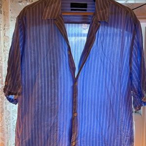 All Saints Men's Shirt with Blue and White Stripes